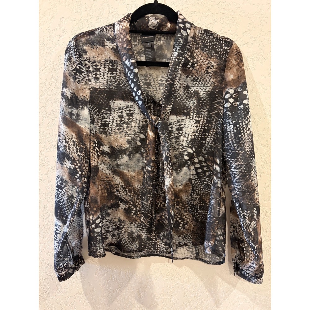 Madeleine Snakeskin Print Tie Neck Blouse Brown Grey Sheer Button Front Size 8